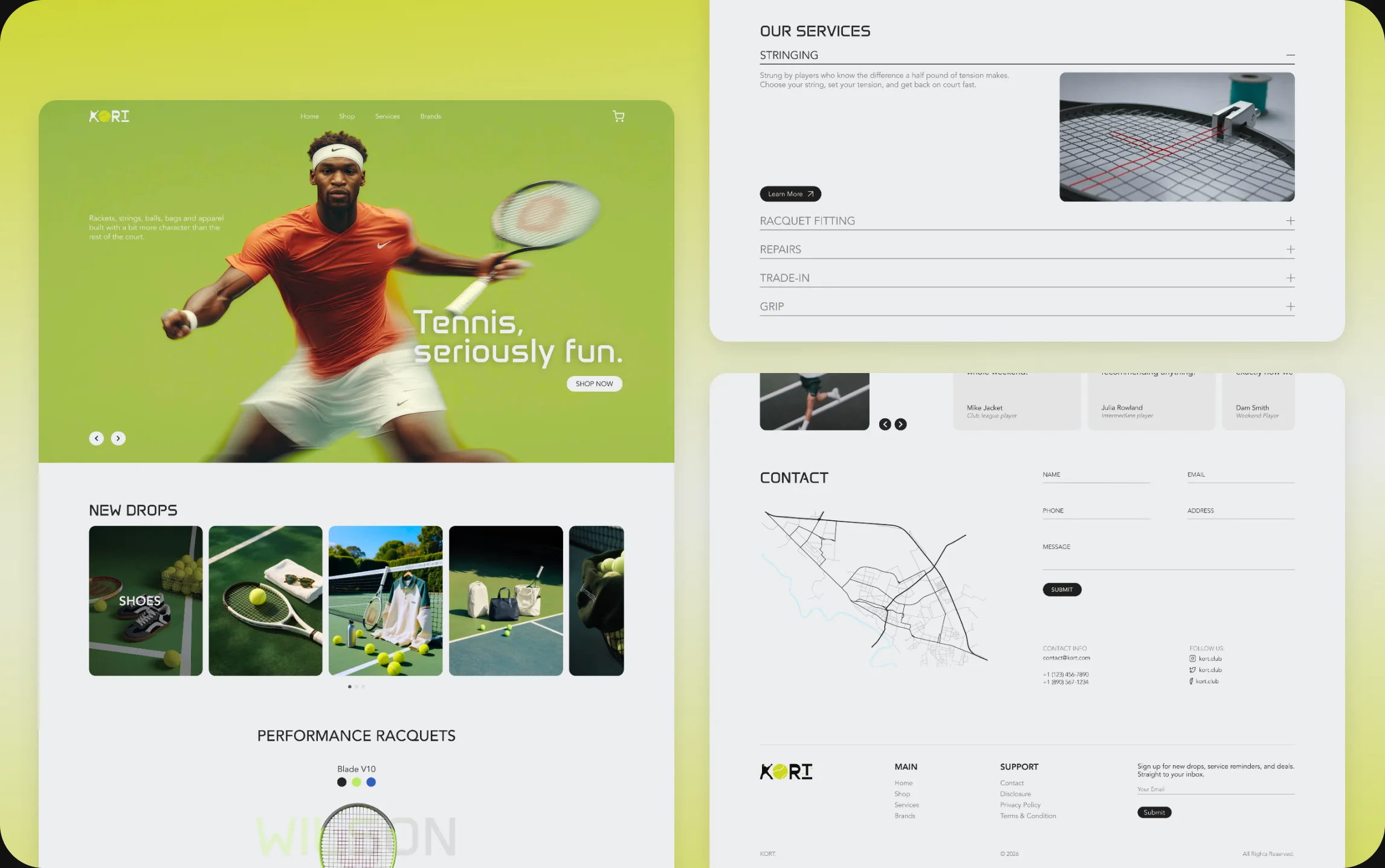 Kort product browsing, booking, and contact pages