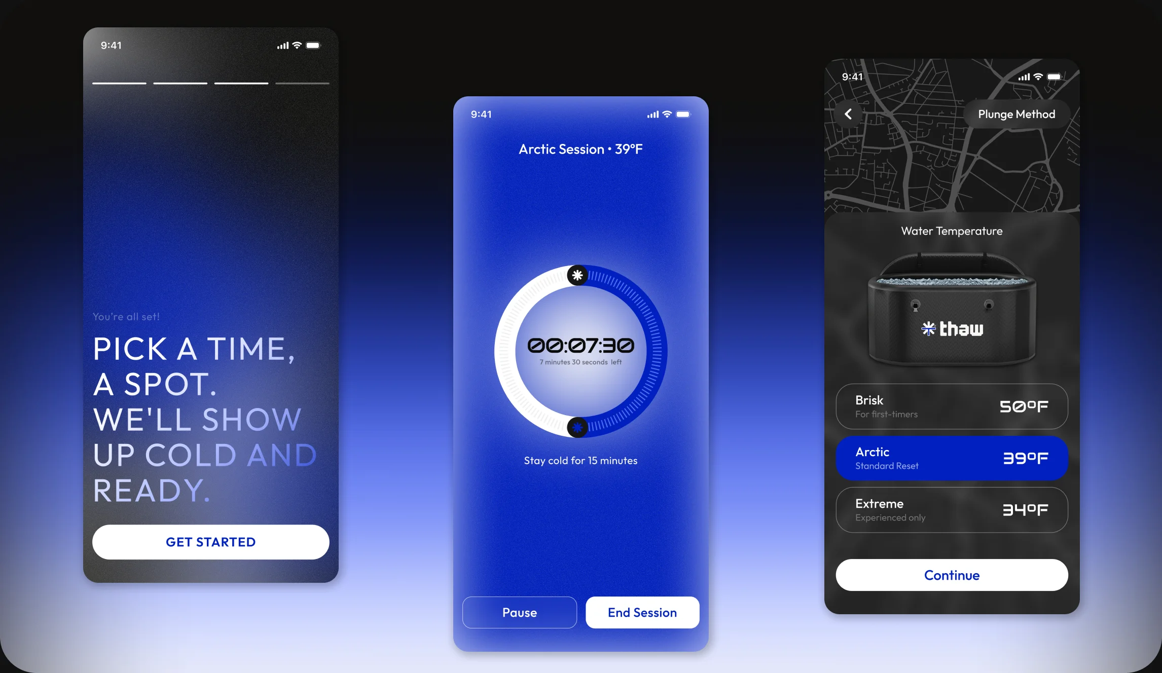 Thaw app booking and timer screens