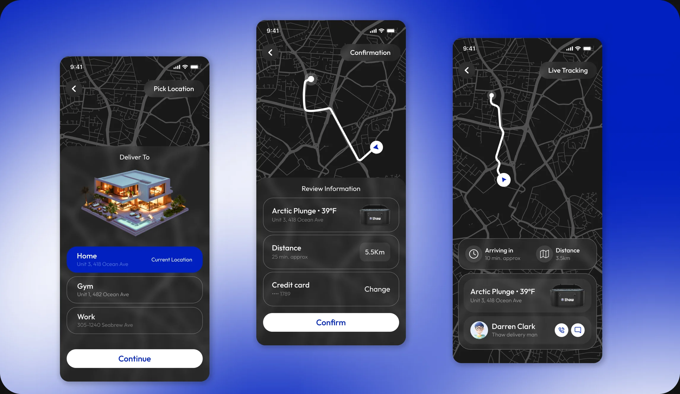 Thaw app request, location, and tracking screens