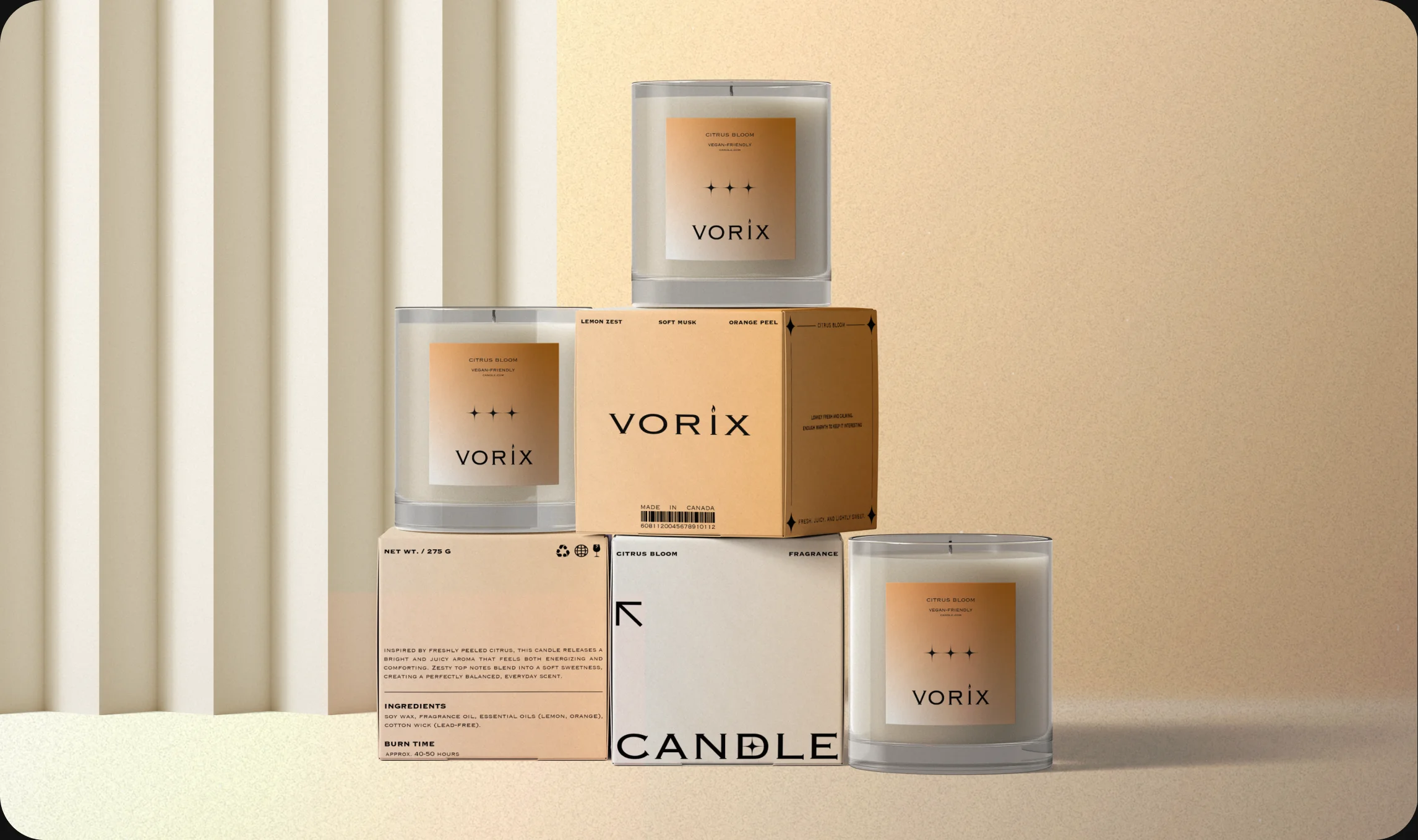Vorix candle boxes stacked on a shelf