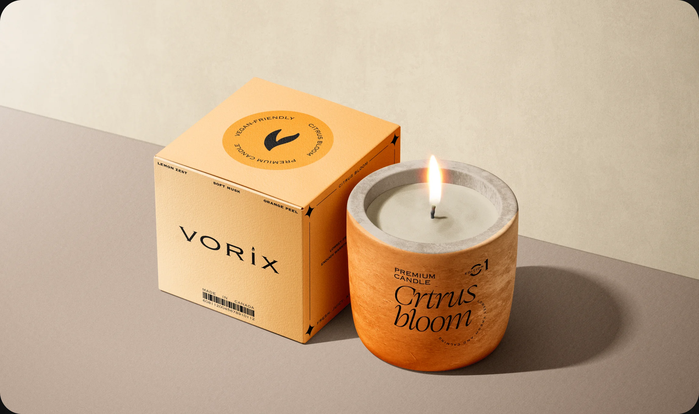 Vorix candle box and lit candle jar