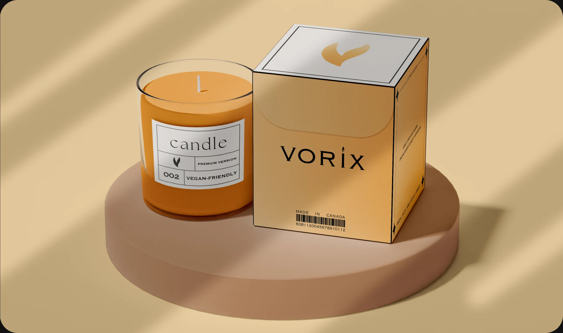 Vorix candle jar and packaging on a plinth